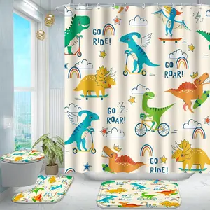Dinosaur Pattern Bathroom Accessories, 4 Counts/set Including 1 Shower Curtain, 1 Toilet U-shape Mat, 1 Rectangular Mat, 1 Toilet Lid Cover, Bathroom Decor Supplies