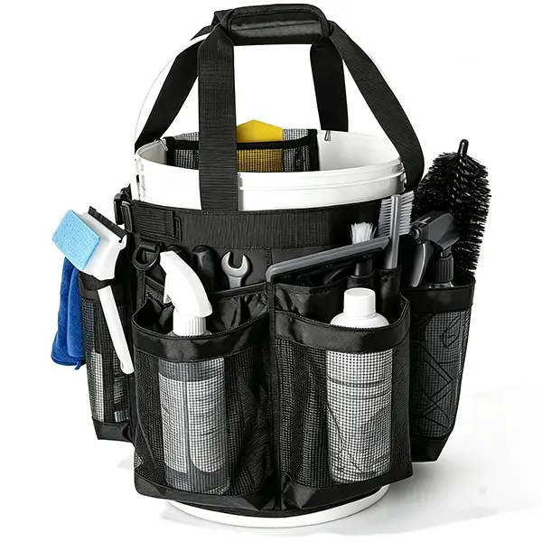 5-Gal Bucket Organizer with Anti-Fall Hooks, Buckle & Mesh Pockets - Fishing, Auto Cleaning Caddy for Sports & Outdoor Use