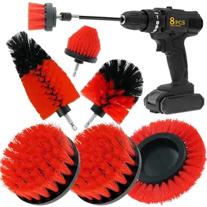 8 count Drill Brush Attachment Set, Power Cleaning Scrub Brush Kit with Extend Long Attachment,  Purpose Drill Scrub Brushes for , Grout, Floor, Tub, Bathroom and Kitchen (red)