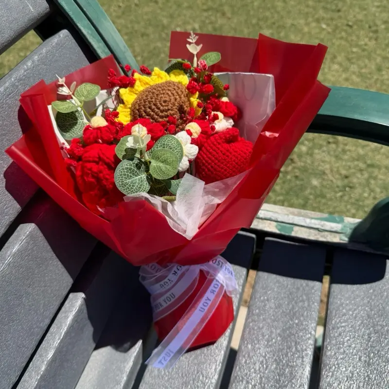 Premium Small Red & Sunflower Crochet Flower Bouquet