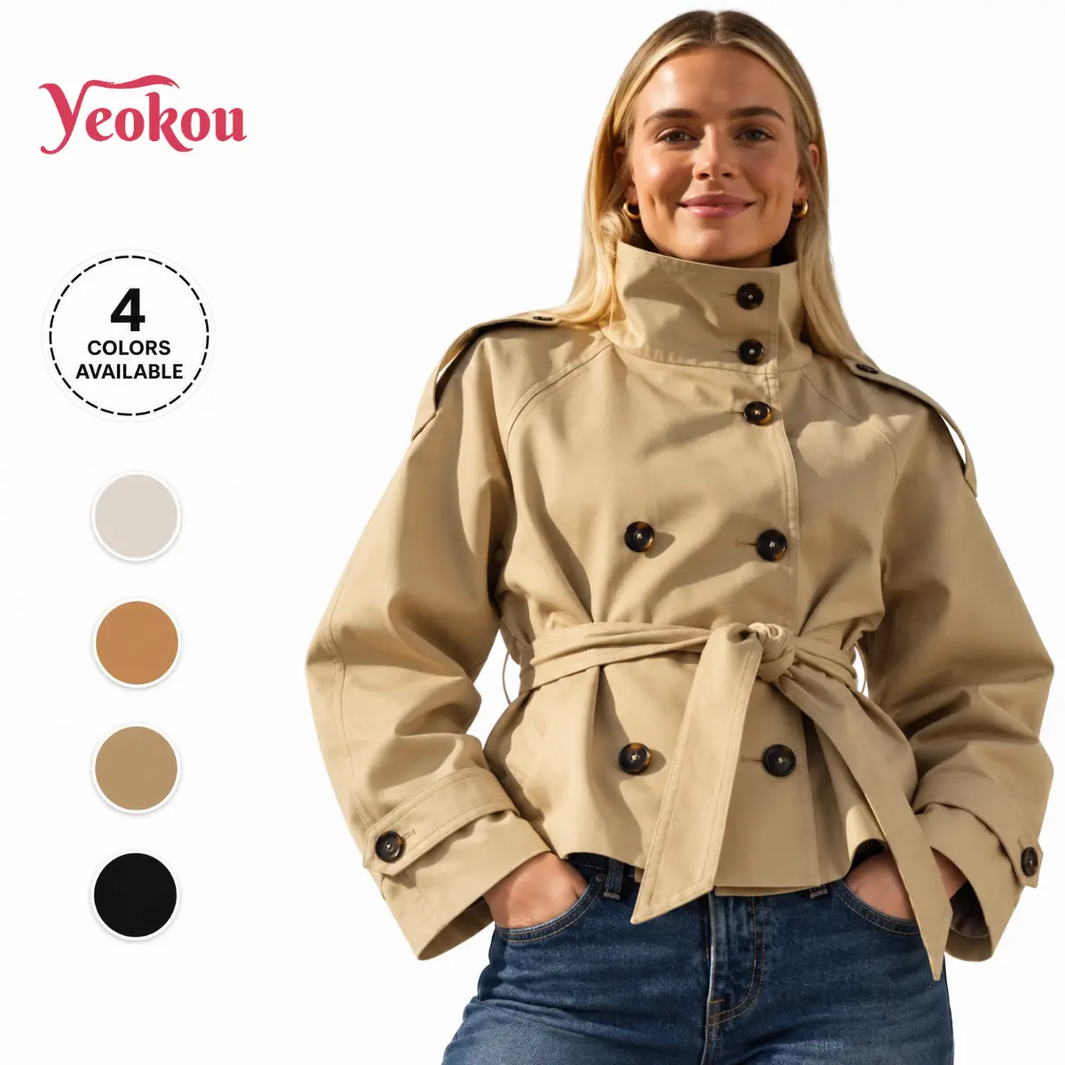 Yeokou Women's Cropped Trench Coat Double-Breasted Funnel-Neck Fall Jacket