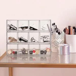3-Pack Stackable Acrylic Storage Drawers Transparent 4 Compartment Design for Desk Organizer Stationery Cosmetic Jewelry Sunglasses Storage Boxes Plastic Shelf