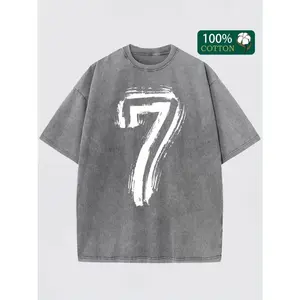 Men's Oversized Gray Cotton T-Shirt with Number 7 Print - 100% Soft Round Neck Short Sleeve Tee, Relaxed Fit Casual Shirt Suitable for Birthdays, Christmas Gifts & Casual Attire