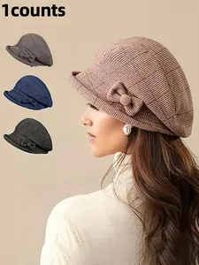 Women's Elegant Plaid Pattern Bow Decor Beret, Casual Trendy Matching Hats for Fall & Winter, Stylish Hat, Fashion Accessories for Women & Girls