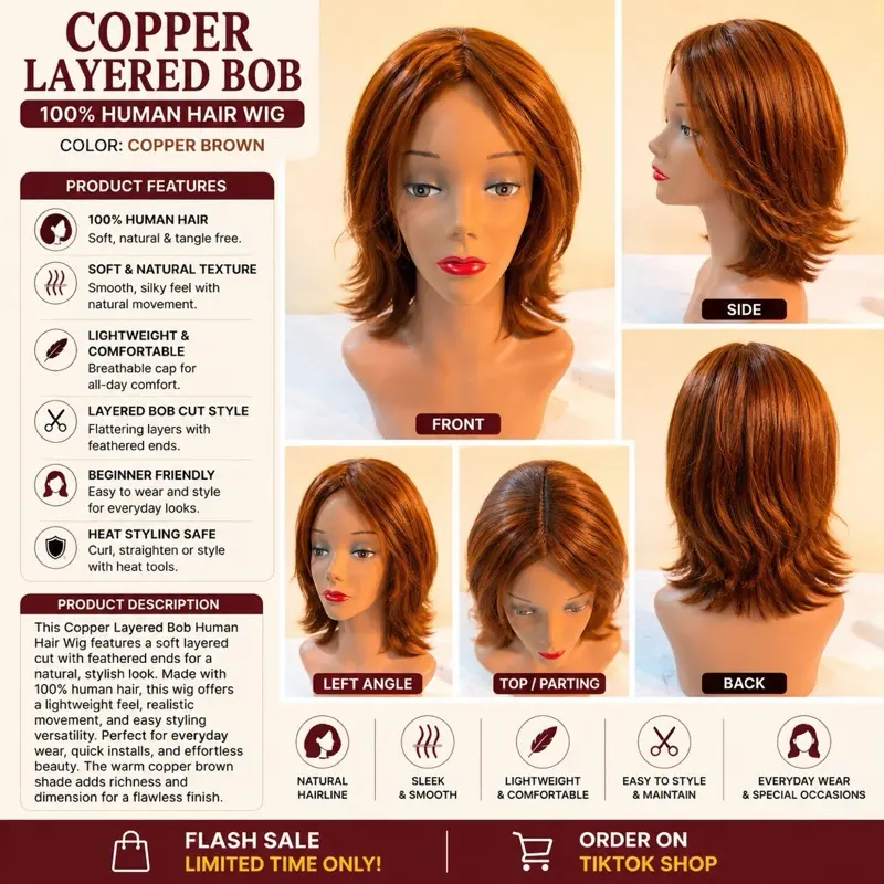 Human Hair Bob Wig in Copper Brown, Layered Cut with Feathered Ends & Side Bangs, Glueless Wear & Go Quick Install Wig, Color 30, Wigs, Human Hair Wig