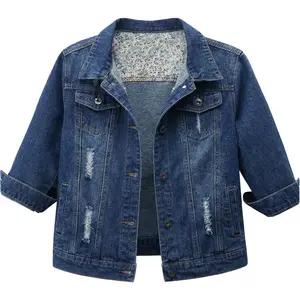 Women Autumn 3/4 Sleeve Retro Short Denim Jackets Light Blue Jean CoatsGift