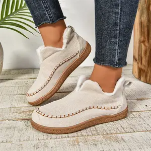 Fashion V-cut Plush Ankle Boots Winter Plus Velvet Flat Snow Boot Casual Warm Solid Suede Cotton Shoes For Women loro piana  shoes