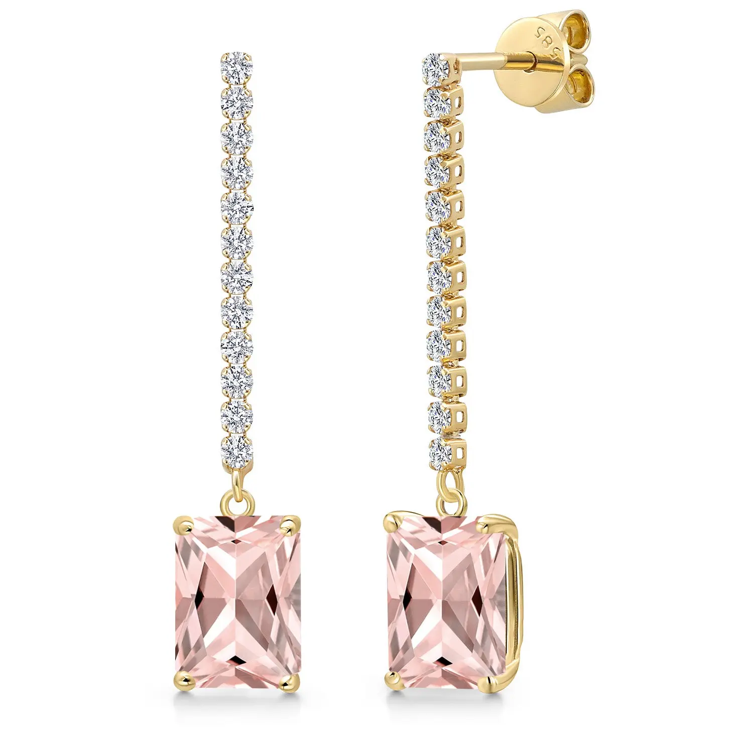 Gem Stone King 14K Yellow Gold Gemstone Birthstone and Lab Grown Diamond Long Liner Dangle Earrings for Women | Emerald Cut 9X7MM | Yellow Gold Chain Drop Earrings