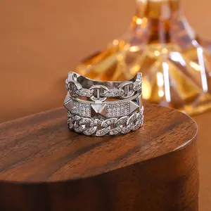 Trendy Western-Style Triple-Layer Micro-Pavé 5A Cubic Zirconia Geometric Chain Ring for Women - Edgy Statement Jewelry