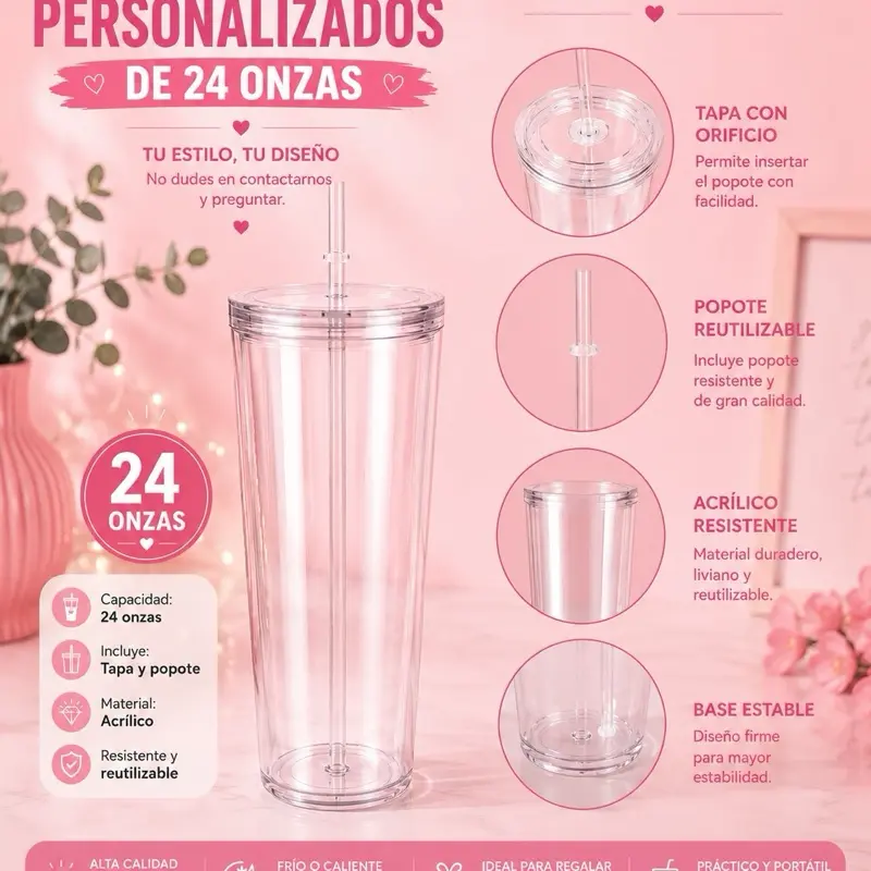 Personalized Transparent Acrylic Cup, 24 oz with Lid and Straw