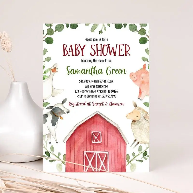 Farm Baby Shower Invitation, Greenery Theme Invite for Boys, Cute Farm Animals Design, Perfect Barn Shower Decoration, 1PC Card