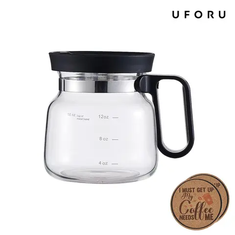 UFORU 16 oz Glass Coffee Cup with Lid, 2 Coasters, Heat-Resistant Pot-Shaped Design, Measurement Marks, Easy-Grip Ergonomic Handle, Novelty Gift for Coffee Lovers, Glass Coffee Cups, 16Oz