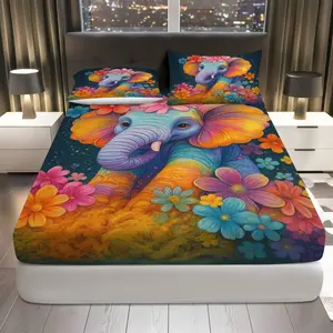 3Pcs Vibrant Elephant Floral Fantasy Fitted Sheet Three Piece Set (1*Fitted Sheet+2*Pillowcases, Coreless), Festive theme, Colorful Animal Bedding Set, Mattress Protector Soft, Breathable, Bedroom, Guest Room