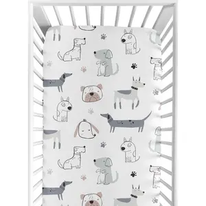 Sweet Jojo Designs Boy Baby Fitted Crib Sheet Cartoon Puppy White Taupe and Blue