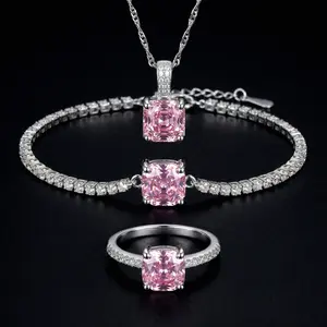 VAELUME Luxury 18K White Gold Plated Octagon Rose-Cut Pink Diamond Jewelry Set - 3PC Necklace Bracelet Ring-5A VVS CZ, Perfect for Daily Wear, Anniversaries,Birthday Gift for Women and Girls