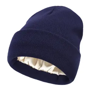 Luxurious Winter Beanie Hats for Women and Men Silky Satin Lining Knit Hat Cuffed Beanie for Winter Fall