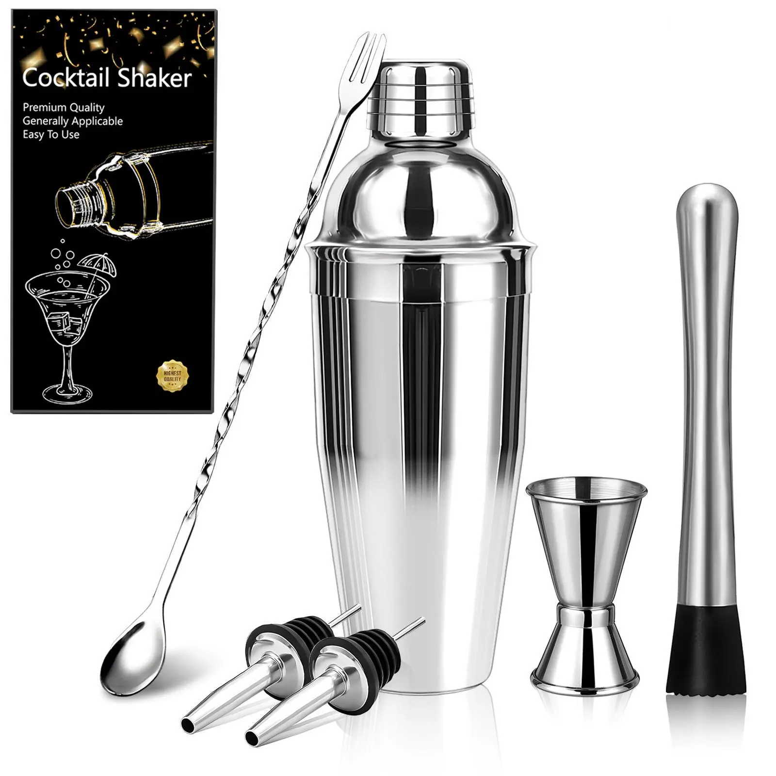 Stainless Steel Double-Wall Vacuum Insulated Cylindrical Cocktail Shaker - Built-in Measuring Scale Lid, Bar Strainer, Professional Martini Shaker for Home Bar Utensils Set, Cylindrical Shaker