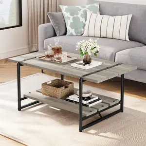 Modern 2-Tier Farmhouse Coffee Table with Storage Shelf, 41'' Large Gray Wood and Metal Design, Ideal for Living Room or Home Office, Easy Assembly, Available in Grey and Dark Rustic Oak Finishes Multifunctional