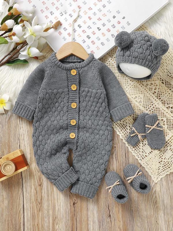 Baby's Button Front Sweater Jumpsuit & Pom Pom Decor Baby Bonnet & Bow Decor Mittens & Knit Baby Shoes Set, Cute Onesies Set for Newborn Infant Kids, Newborn Gift Set, Baby Clothing