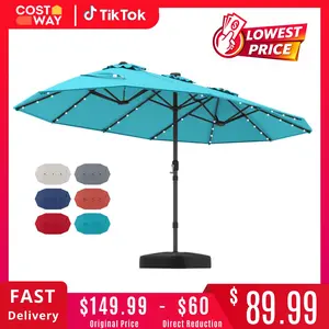 [13/15ft Extra Large] COSTWAY Double-Sided Patio Umbrella with Crank & LED Lights - Large Steel Frame, UV Protection, Metal Base Included, Modern Decorative Lighting COSTST