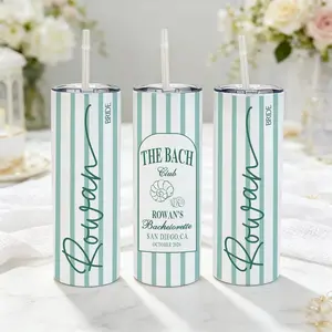 Bojjico Personalized The Bach Club Insulated Stainless Steel Skinny Tumbler - Preppy Coastal Pastel Striped Water Bottle for Bride & Bridesmaids, Custom Beach Bachelorette Party Gifts, Bottles for Girls Trip Favors, Water Bottles