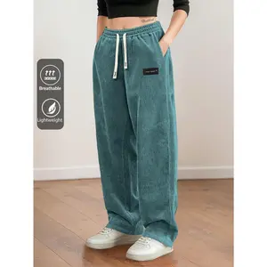 Drawstring Elastic Waist Women's Corduroy Straight Pants, Suitable for Casual, Sports and Hiking, Spring & Autumn