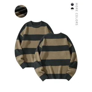 Men's striped printed round neck sweater, autumn and winter casual long sleeved pullover, men's knitted pullover, suitable for daily wear and outdoor wearRAIMENTRY