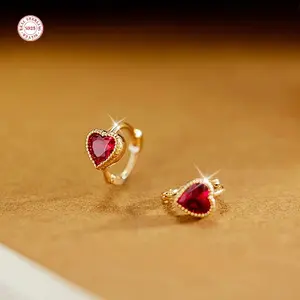 Elegant Vintage French Heart-Shaped Artificial Ruby Stud Earrings Gold Plated Silver Luxurious Design for Daily Wear & Special Occasions Christmas Gift