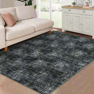 Washable Area Rug Checkered Hallway Runner Rug Modern Pullout Rug Low Pile Dust Resistant Rug Stain Resistant Non-Slip Suitable for Living Room Bedroom Kitchen Office Apartment, Dark Grey