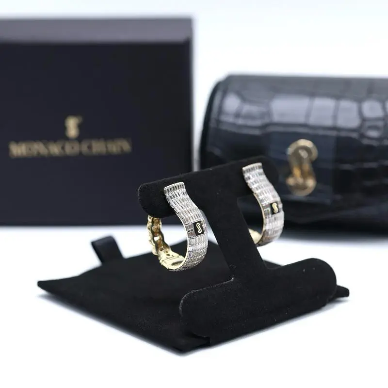 14KT Gold Monaco Chain Baguette Hoop Earrings - 8MM Wide Certified Jumbo Earrings
