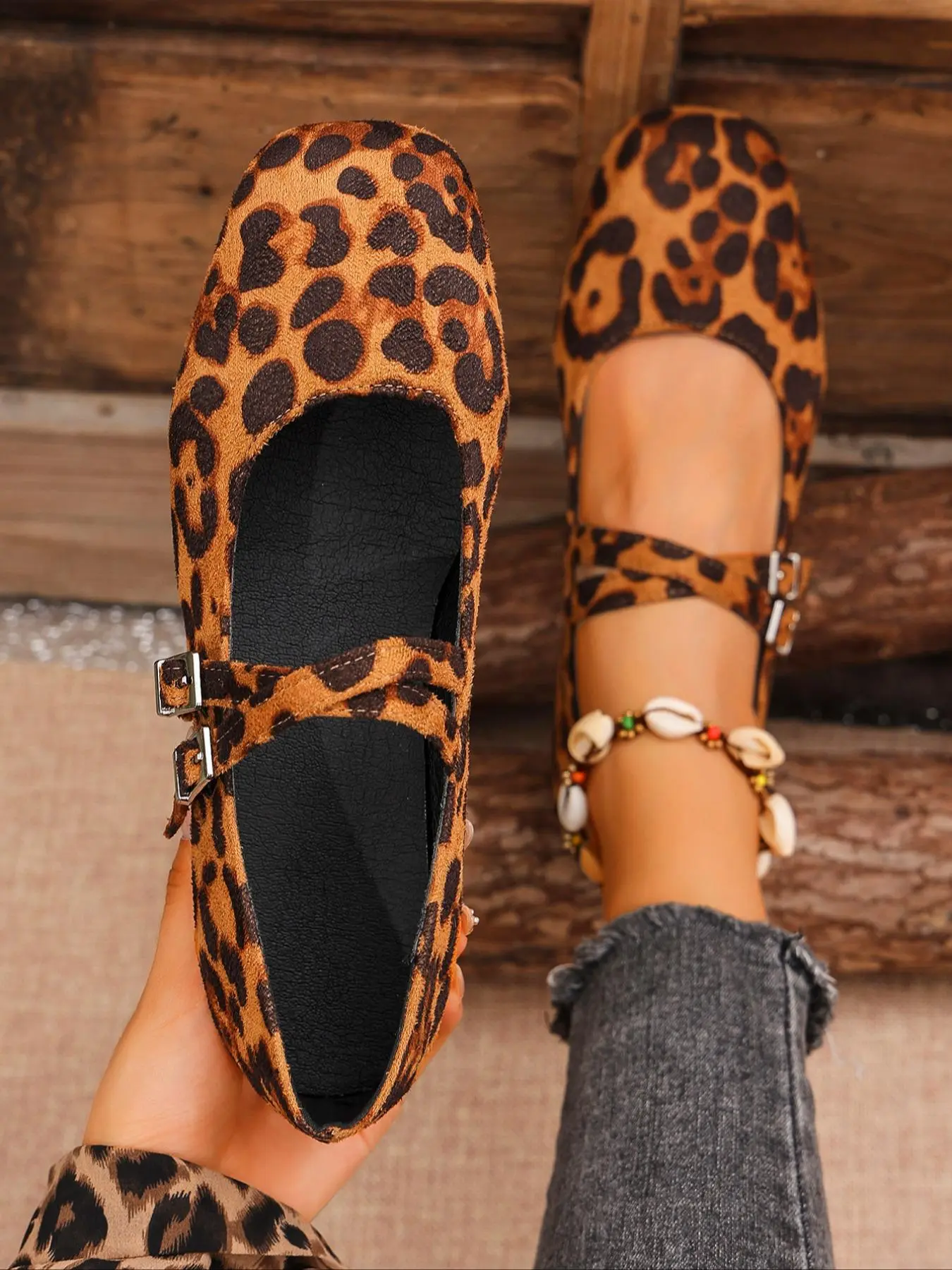 Women's Fashion Plain & Leopard Pattern Ballet Flats Everyday Wear Footwear, Ballerina Flats Shoes, Casual Comfortable Square Toe Flat Shoes with Rubber Sole for Daily Wear, Lightweight Fashionable Shoes for Women & Girls, Walking Shoes