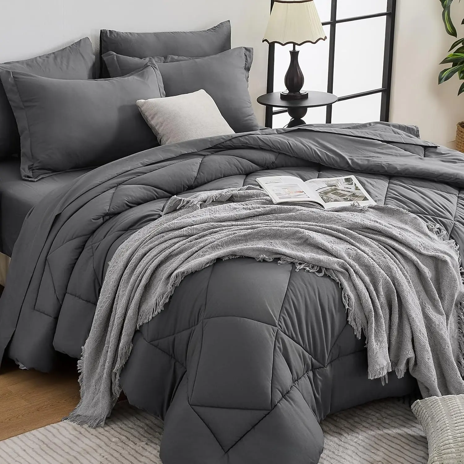 Dark Grey Twin-XL Bedding Set - 5-Piece All Seasons Set with Comforter, Flat Sheet, Fitted Sheet, Pillowcases, Pillow Shams, Baffle Box Construction, Durable