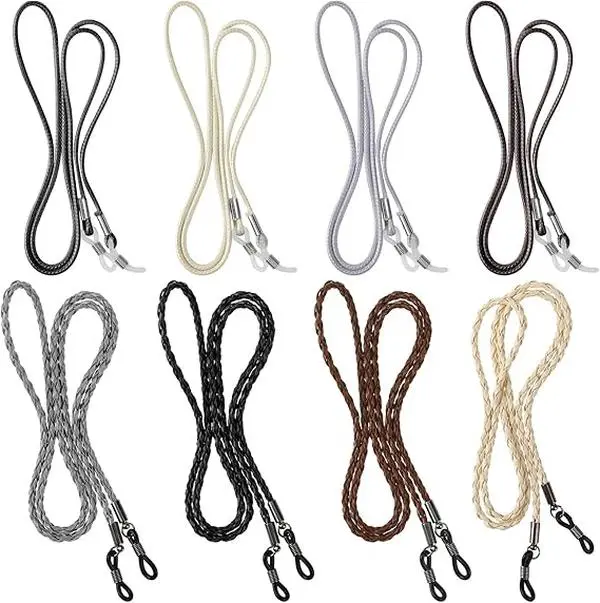 8 PCS Leather Eyeglass Straps, Adjustable Glasses Holder Neck Cord for Men Women, Anti-Slip Sunglasses Chain Retainer, Dark Colors Glasses Chain