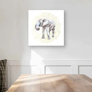 212 MAIN Artistic Ethnic Beige Aluminium Wall Art, 16x16 in Elephant-on-Mandalas Metal Print, Metal Surface Home Room Decoration