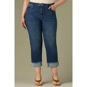 High Rise Plus Size Boyfriend Jeans with Fray Hem in Blue