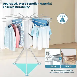 Octopus Space Saving Laundry Stand Foldable Clothes Drying Rack with 16 Extendable Aluminum Rods for Indoor Use Plastic Wall Mount Wooden
