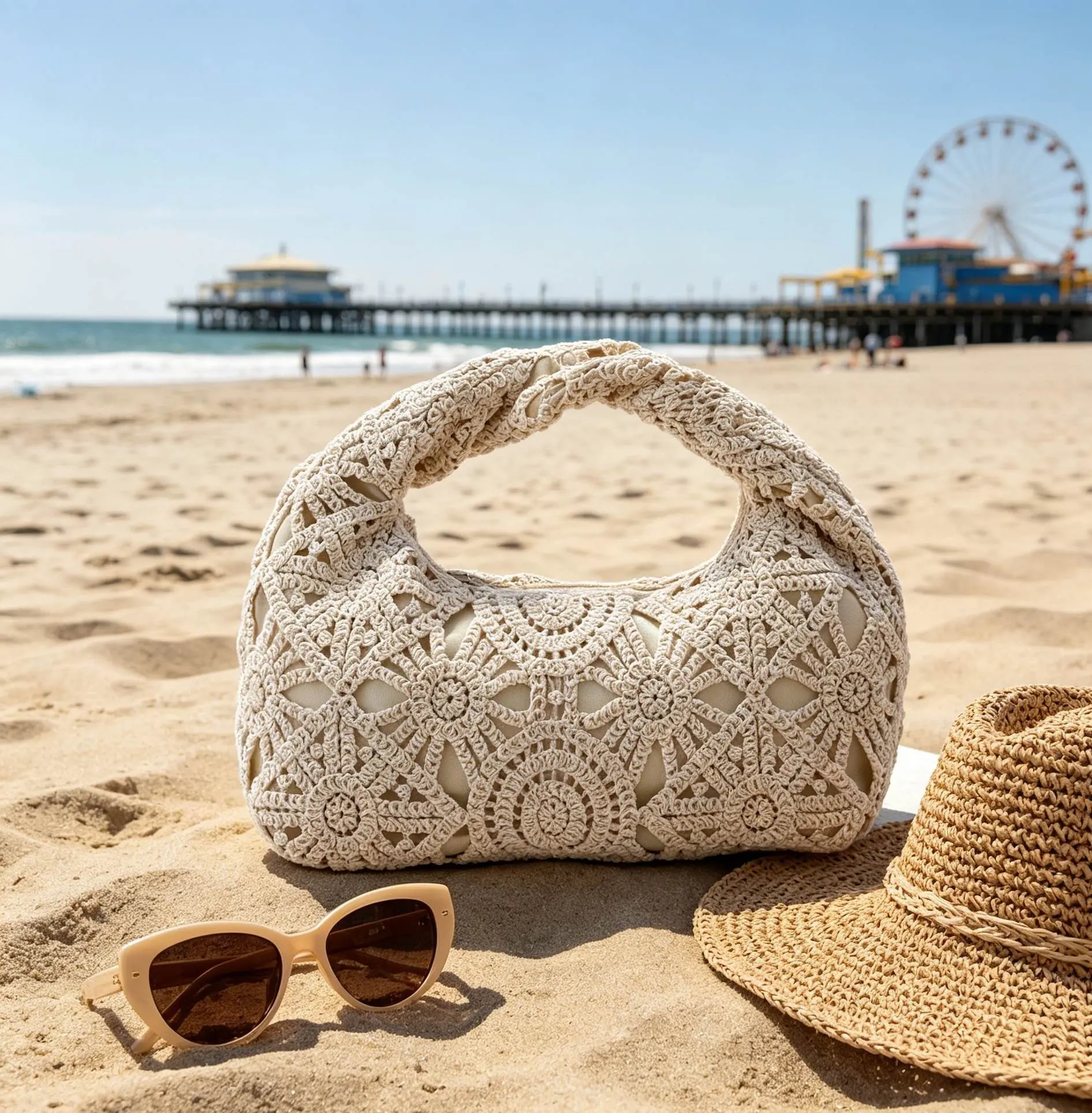 Lace Hollow-Out Cotton Yarn Underarm Bag, Hand-Crocheted Macaron Color Shoulder Bag, Cute Fashionable Commuter Tote for Vacation (Sports & Outdoor Accessory)