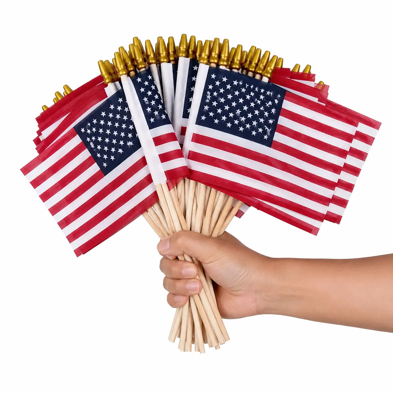 Bulk Mini American Handheld Flags With Wooden Sticks, Small USA Stick Flags With Gold Spear Top, Red White Blue Patriotic Parade Flags For 4th Of July, Memorial Day, Veterans Day, Party Decor