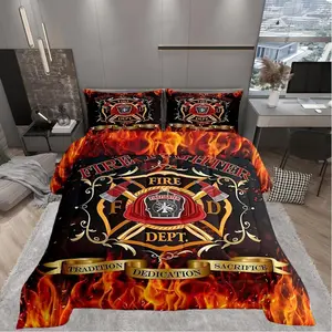 Boys Firefighter Theme Comforter Set,Kids Red Flame Decor All Season Bedding Set,Teens Fireman Sign Comforter,Children Red Fire Engine Decor Quilt Set
