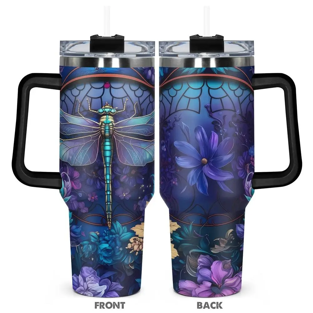 Dragonfly & Flower Pattern Tumbler, 1 Count 40oz Stainless Steel Water Bottle, Insulated and Durable, Gift for Any Occasion, Drinkware