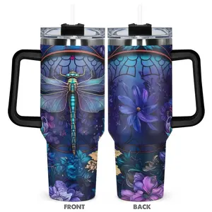 Dragonfly & Flower Pattern Tumbler, 1 Count 40oz Stainless Steel Water Bottle, Insulated and Durable, Gift for Any Occasion, Drinkware