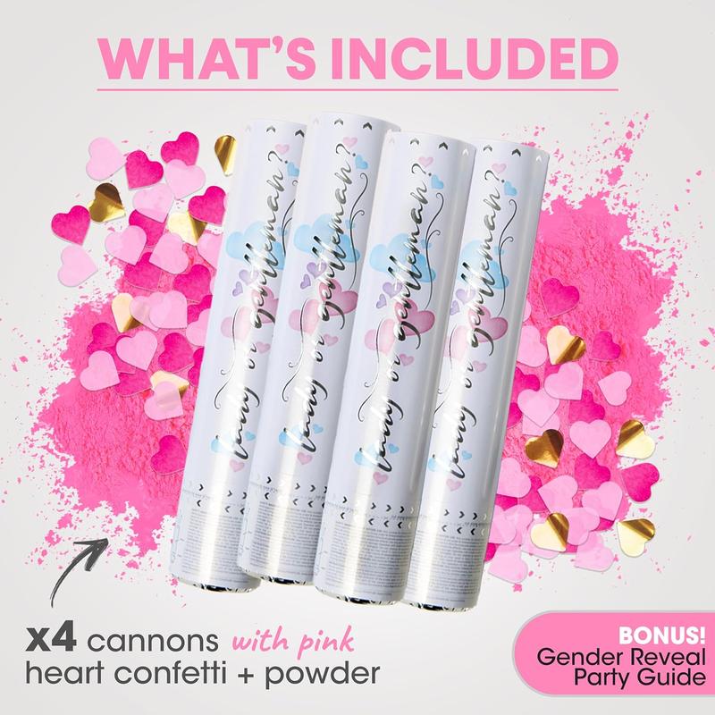 Gender Reveal Confetti Cannon - Biodegradable Powder & Heart Shaped Confetti Poppers - Pink, 4 Pack - Baby Girl Gender Reveal Smoke Bombs Party Poppers Cannons Shooters