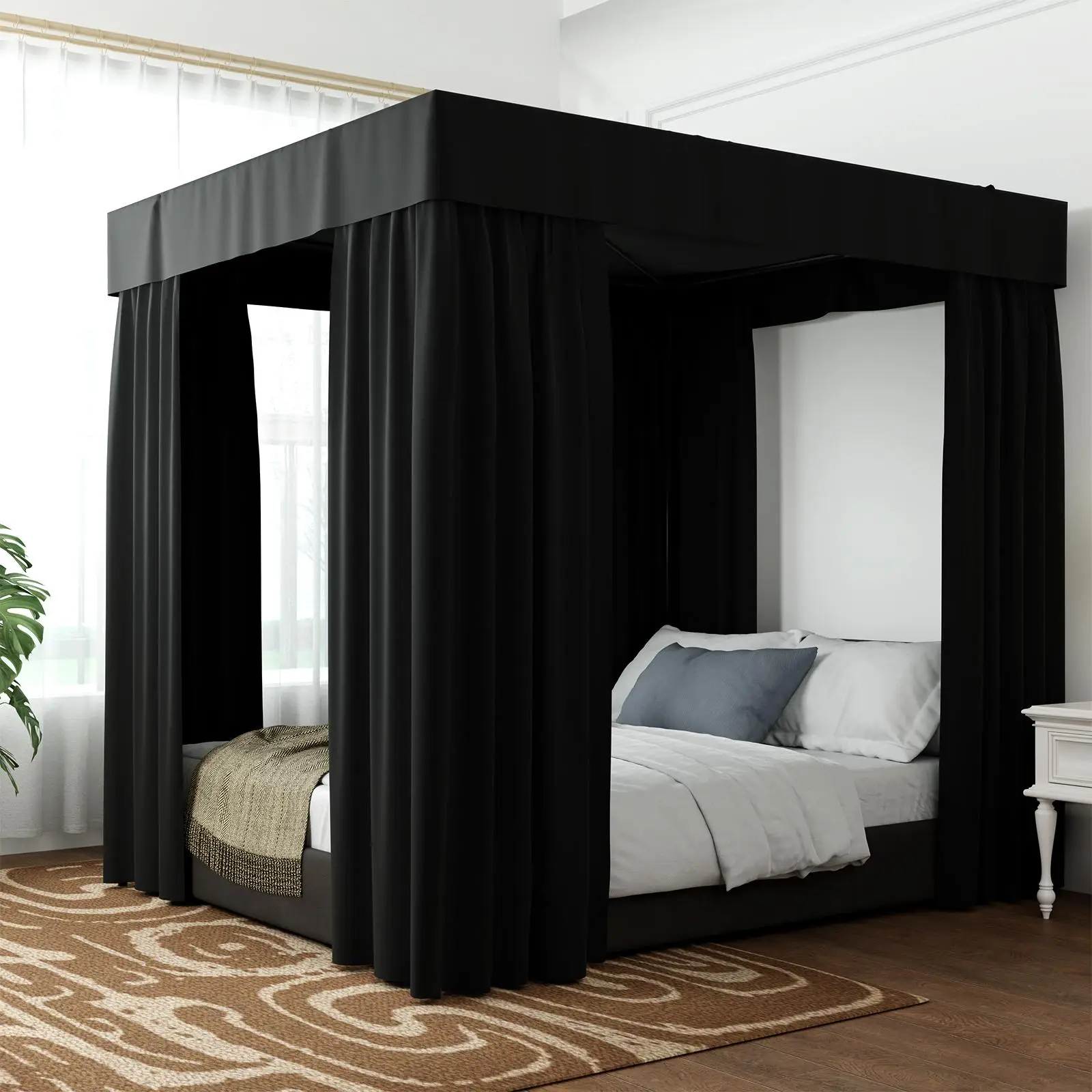 Blackout Bed Curtain, 1 Set Including 1 Count Top Curtain and 4 Counts Side Curtains, Bedding Curtain with 2 Ropes & 4 Straps & 80 C-shaped Hooks, Bed