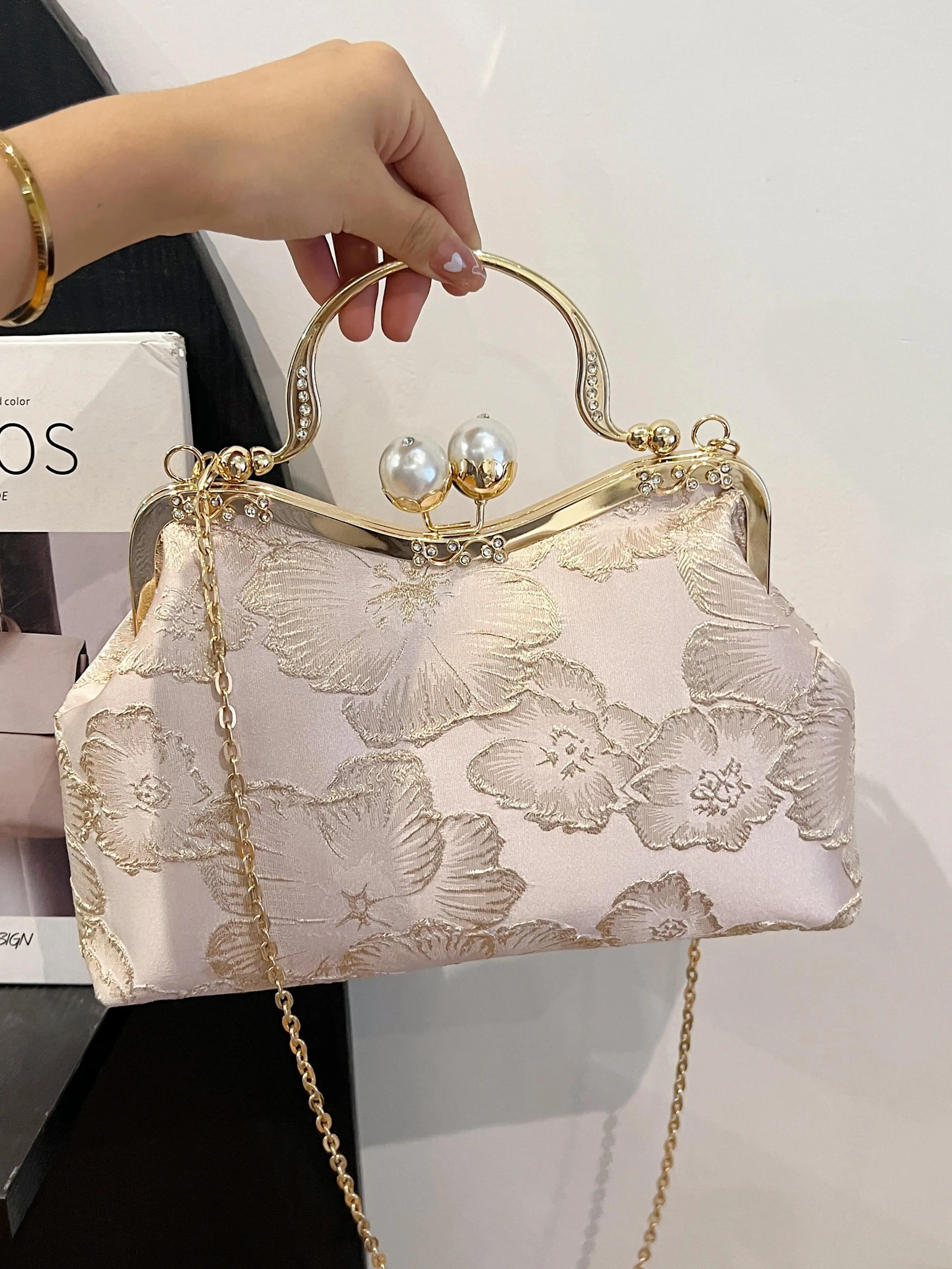 Women's Elegant Floral Embroidery Handbag, Fashionable Large Capacity Pearl & Rhinestone Decorated Shoulder Bag for Party, Trendy All-match Commuter Bag for Daily Used