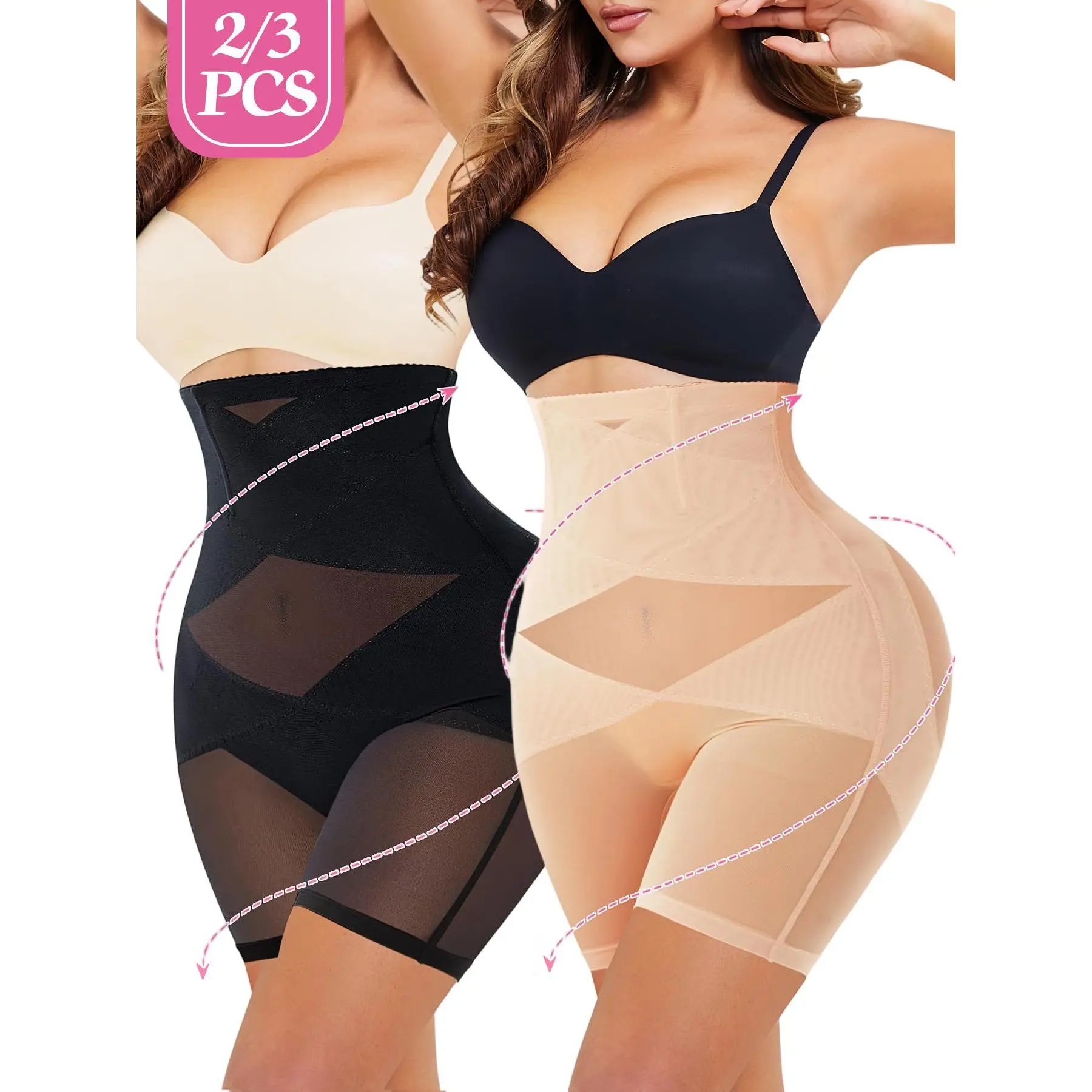 Women's High-Waist Shapewear Boy Shorts, Solid Semi-Sheer Compression Knickers for Body Contouring, Waist Training, and Abdominal Support with Adjustable Straps, 1-3 Pack, Activewear