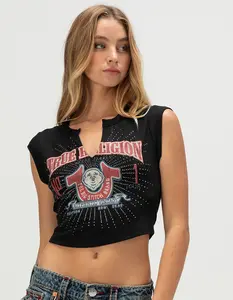 TRUE RELIGION Distressed Buddha Crystal Womens V-Notch Baby Tee