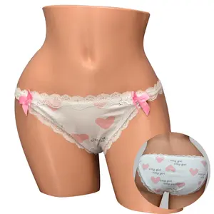 Janet's Closet Sissy Girl Lace Trim & Bow Panty Soft White Base Pink Heart Print Satin Bows Comfortable Fit for Crossdressers & Sissies