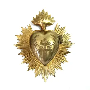 5" Sacred Heart Ex Voto Locket Ornament Antiqued Silver Flaming Heart Milagro
