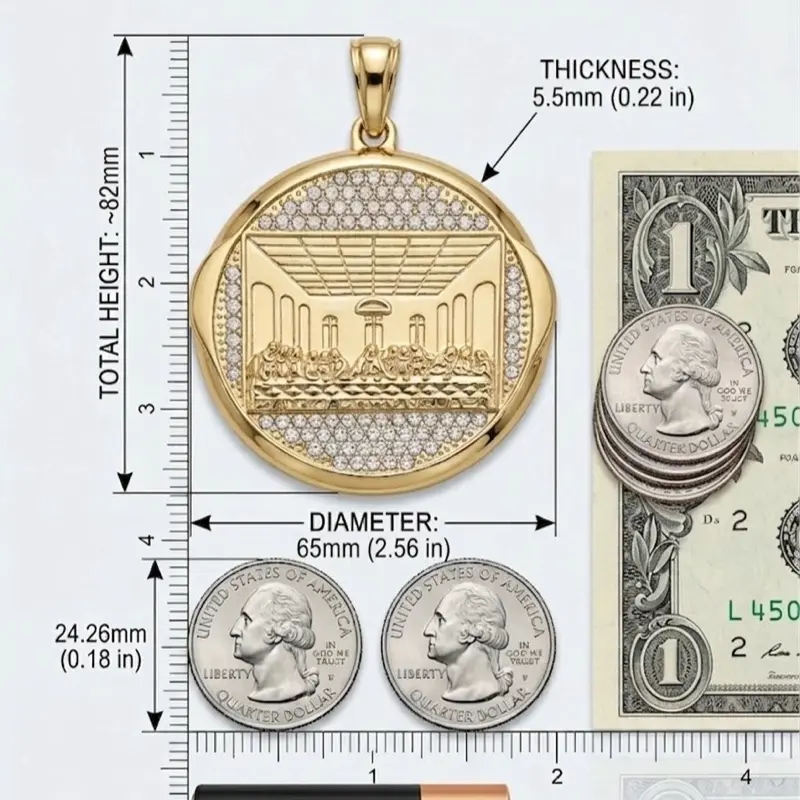 Gold Plated Amulet - 65mm Round Classic Last Supper Charm, 3in Tarnish-Proof Durable Costume Jewelry Charm Pendant for Versatile Wear