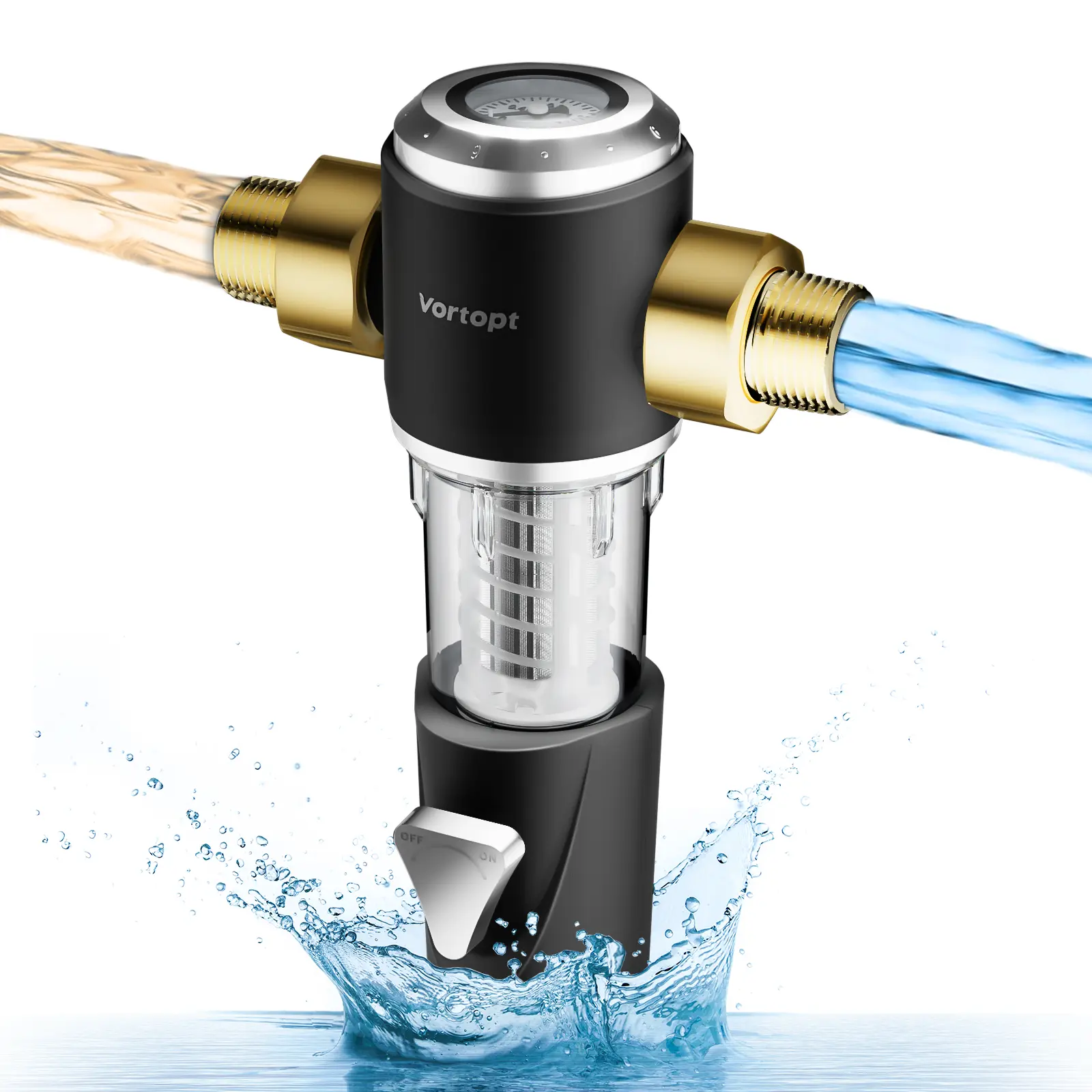 Vortopt Whole House Sediment Pre-Filter, Reusable Spin-Down Model with Pressure Gauge, 40 Micron Stainless Steel Mesh for Well & Tap Purification